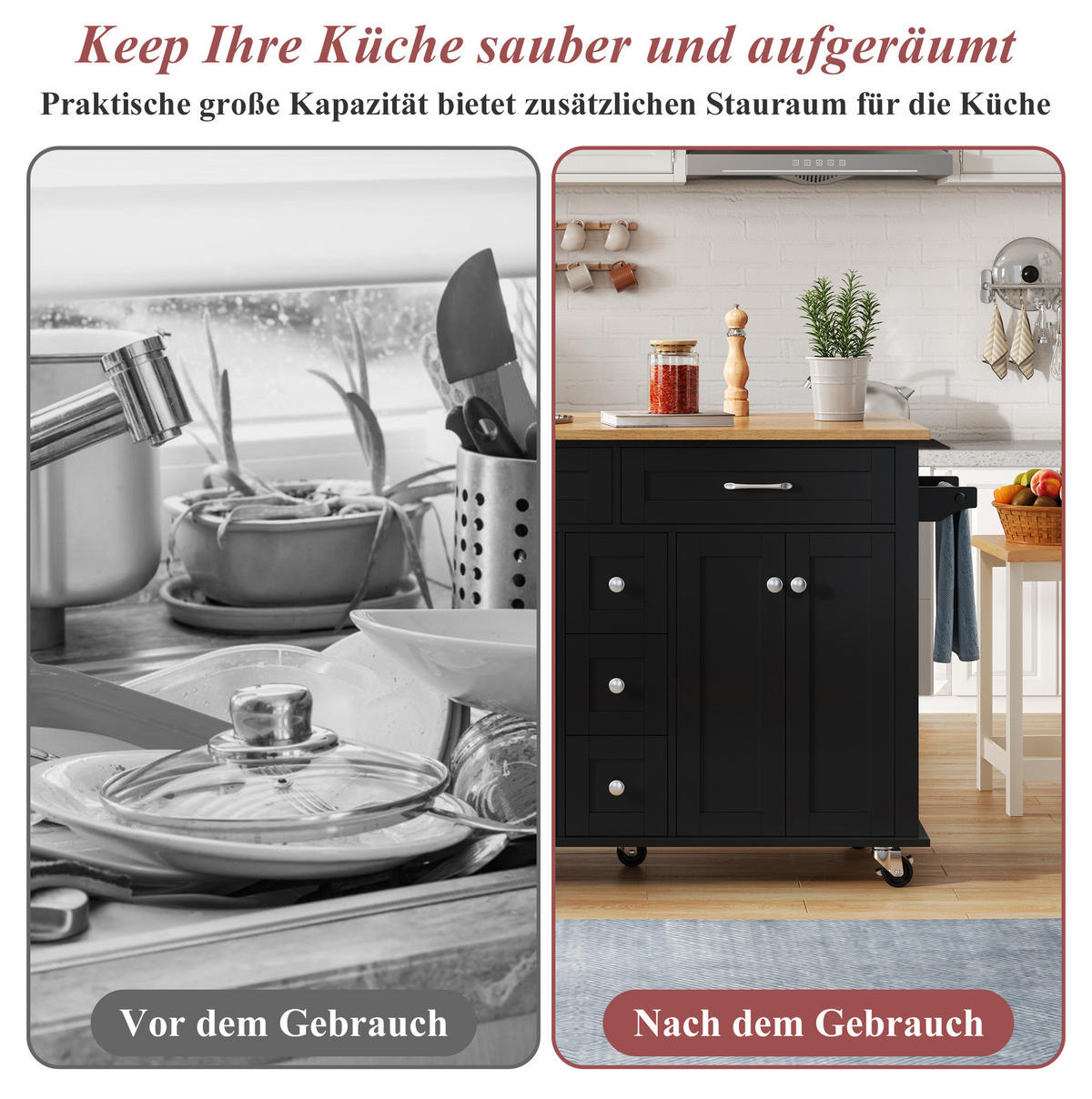 KÜCHENINSEL 140/40(65)/89 cm schwarz/natur mit klappbarer Arbeitsplatte - Schwarz, Holzwerkstoff (140/89/65cm) - OKWISH