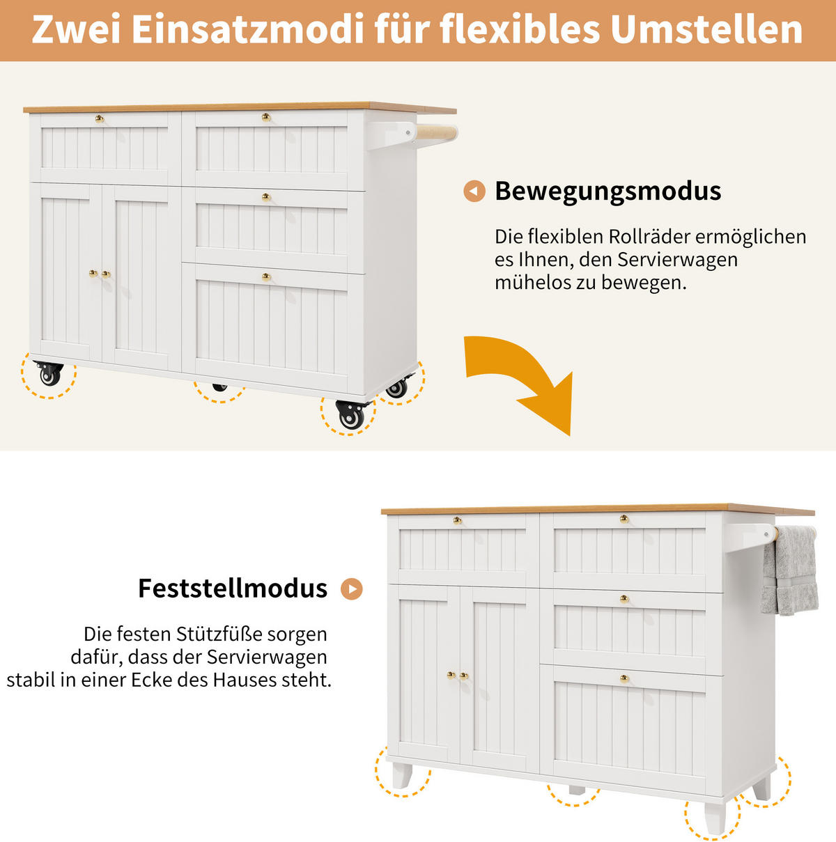 KÜCHENINSEL 133/37,3/88 cm aus MDF mit klappbarer Arbeitsplatte Weiß - Weiß, Holzwerkstoff (133/88/37cm) - Modenvie