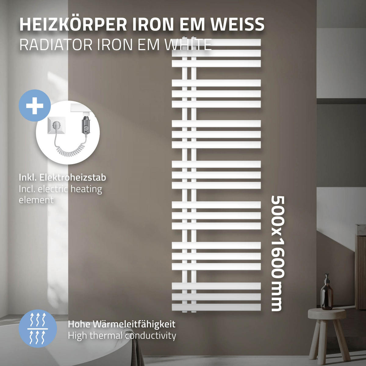 BADHEIZKÖRPER elektrisch Iron EM 500x1600 mm Weiß mit Heizstab 900W - Weiß, Metall (50/160/3cm) - LuxeBath
