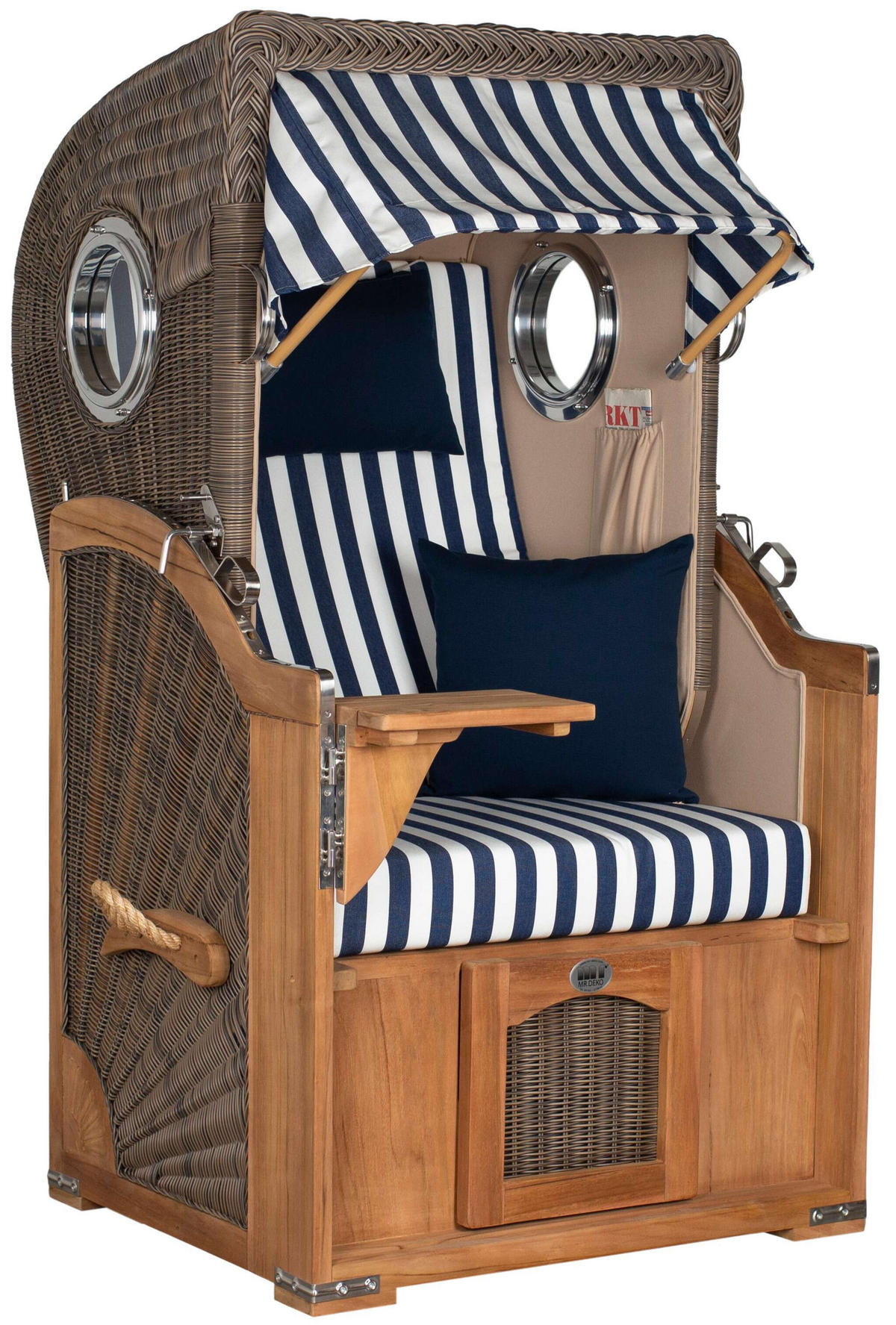 STRANDKORB Düne Single Teak 1-Sitzer - Blau/Braun, Holz/Textil (96/165/80cm) - Mr. Deko