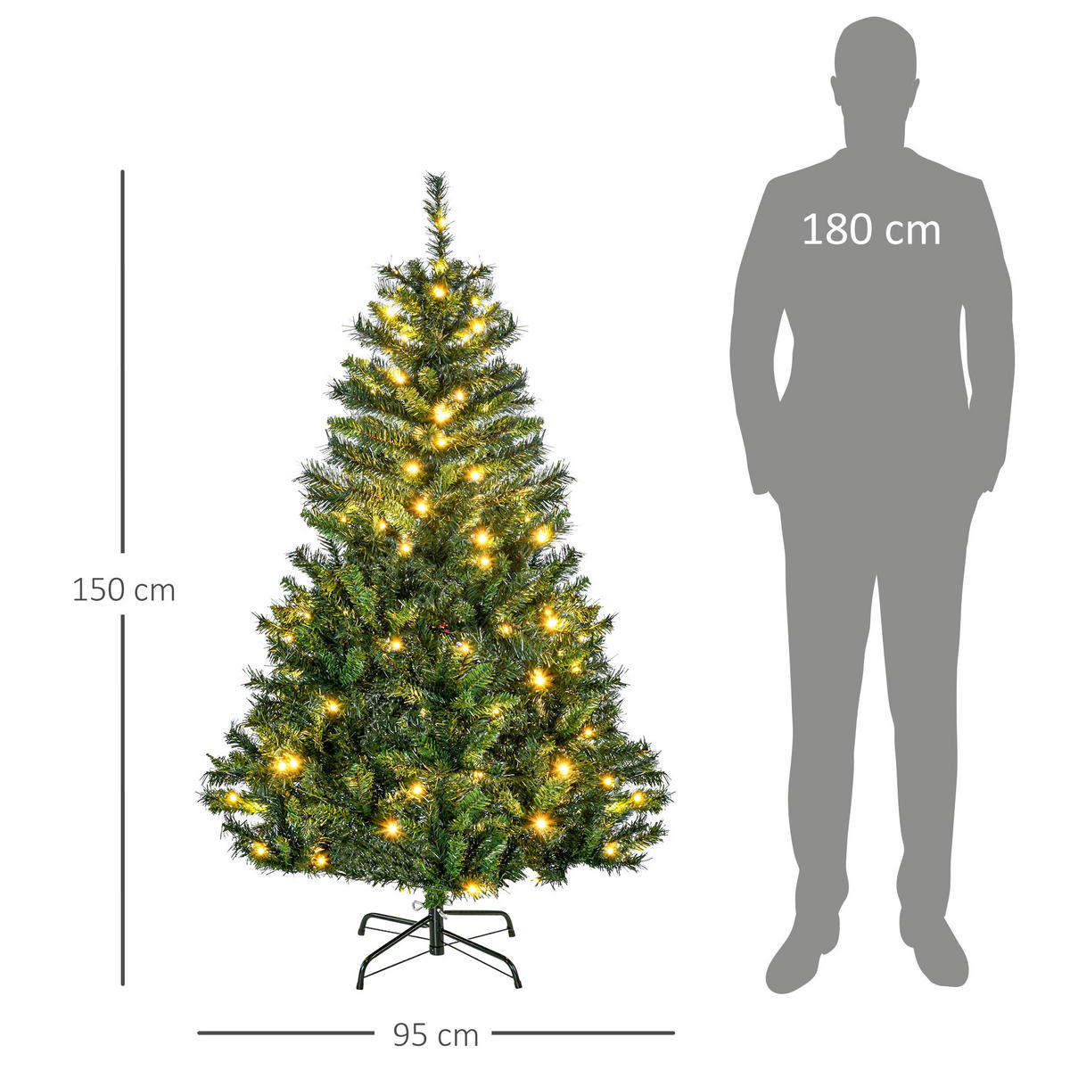 WEIHNACHTSBAUM Tannenbaum mit Deko 120 LEDs 511 Spitzen Ø95 x 150H cm - Grün, Kunststoff (150cm) - HOMCOM