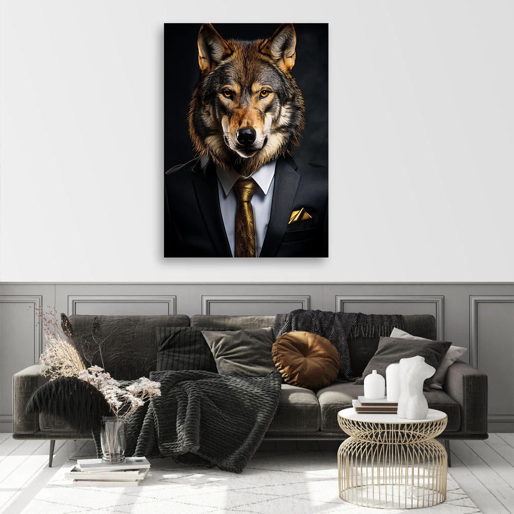 WANDBILD tierwolf im anzug - Schwarz, Textil (80/120cm) - Feeby