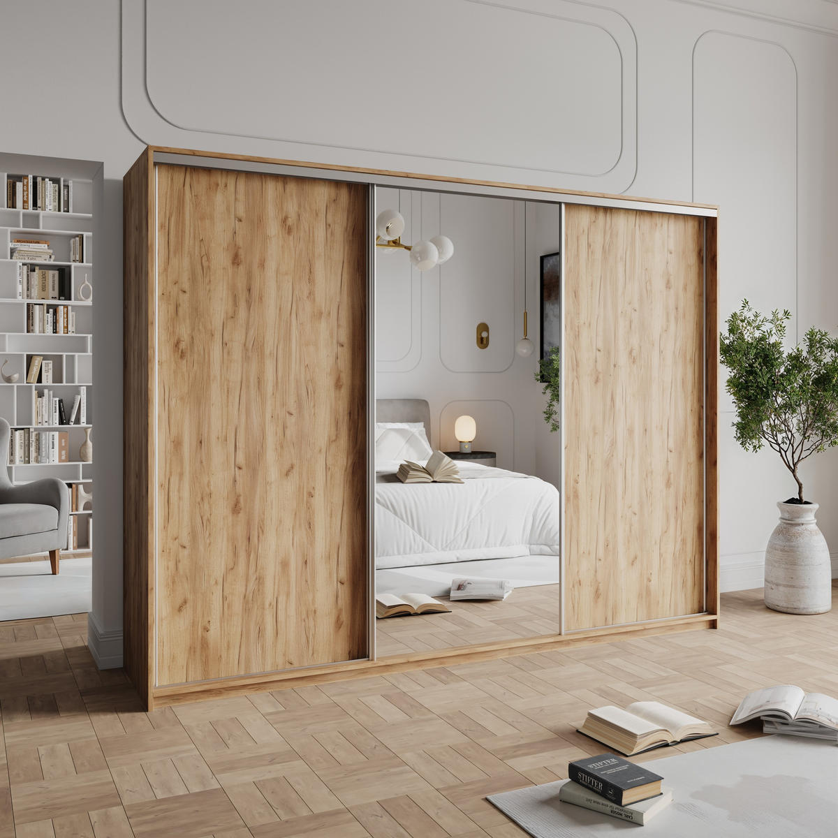 SCHWEBETÜRENSCHRANK TAVI 250/205/60 cm 3-türig mit Spiegel und Schubladen Craft Eiche Gold - Orange/Nickelfarben, Holzwerkstoff (250/205/60cm) - MASSENO