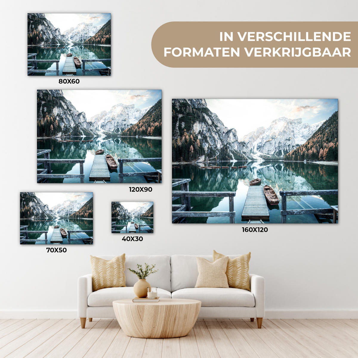 LEINWANDBILD Natur - Berge - Schnee - Wald - Boot Wandbilder 80x60 cm - Hellgrün, Textil (80/60cm) - MuchoWow