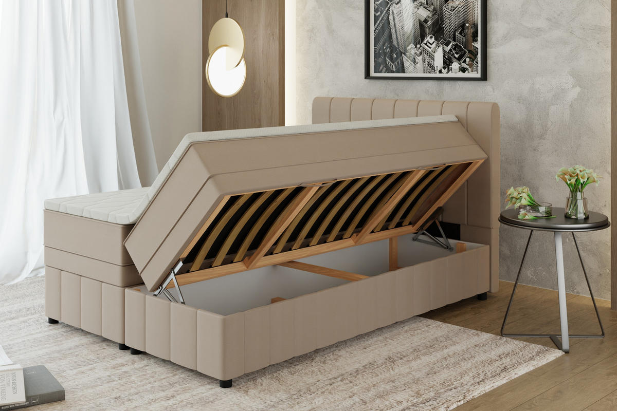 BOXBETT AVALON 140 x 200 cm mit Bettkasten und Topper - Beige - Beige, Holz - Panda Möbel