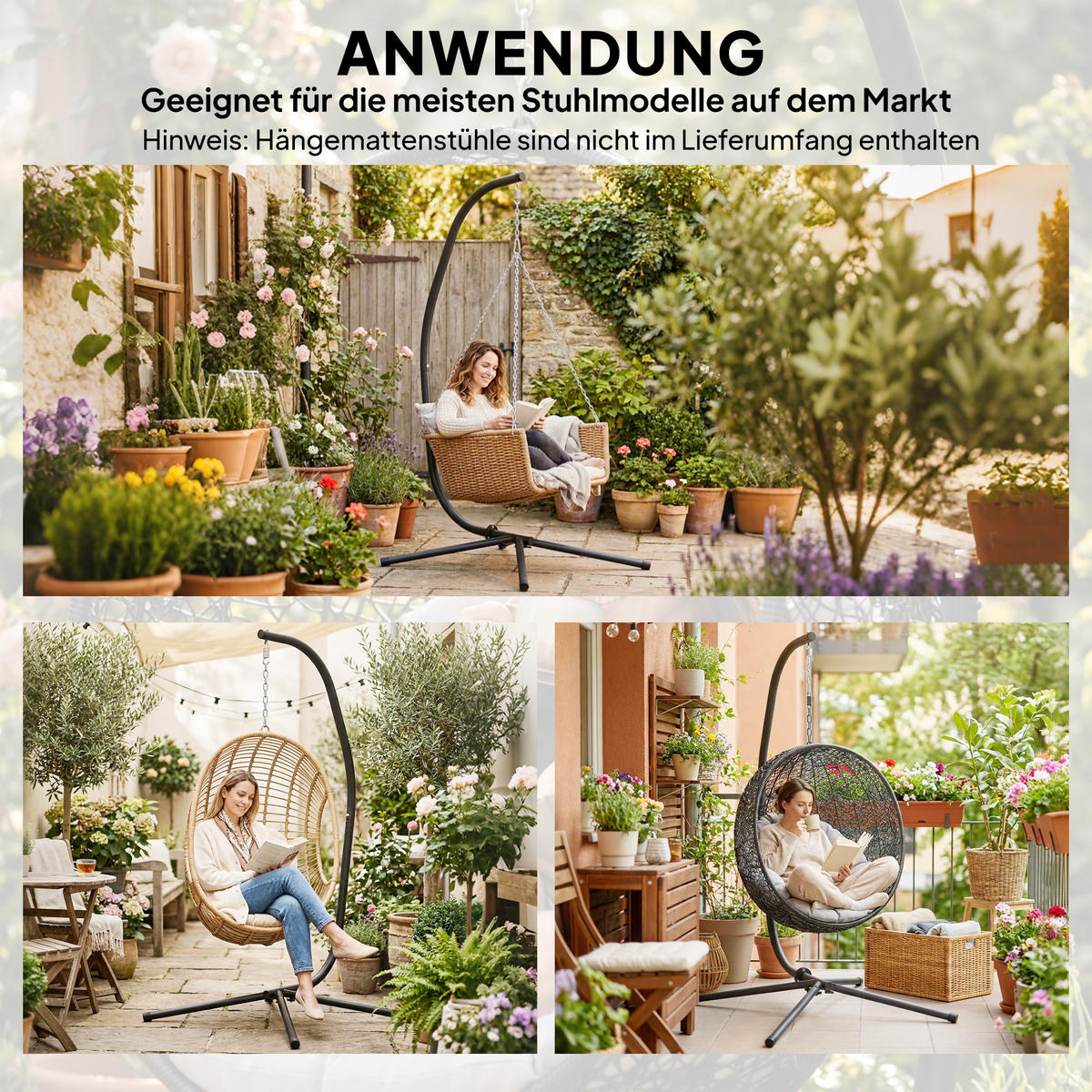 HÄNGESESSEL-GESTELL mit Kette Metall Schwarz - Schwarz, Metall (128/105/205cm) - Outsunny