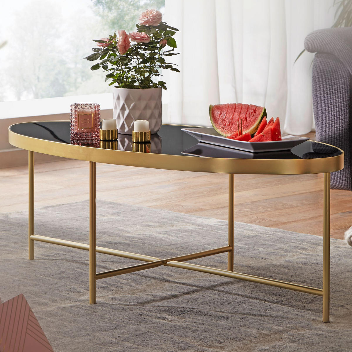 COUCHTISCH oval NEO Glas Schwarz - Goldfarben, Glas (110/56/40cm) - tinkaro