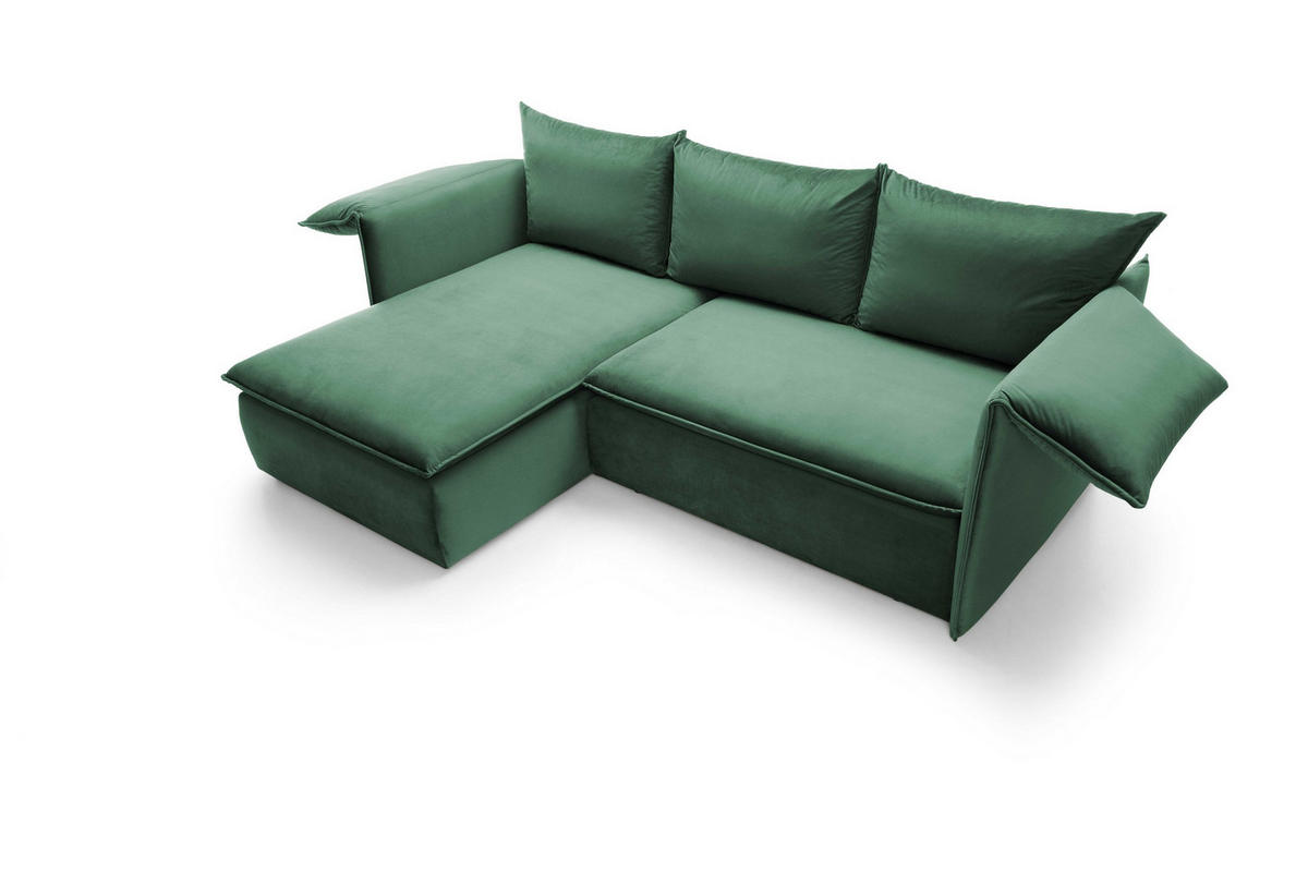 ECKSOFA PREGIO Grün Plüsch-Stoff mit Schlaffunktion - Grün, Holz (230/166cm) - MASSENO
