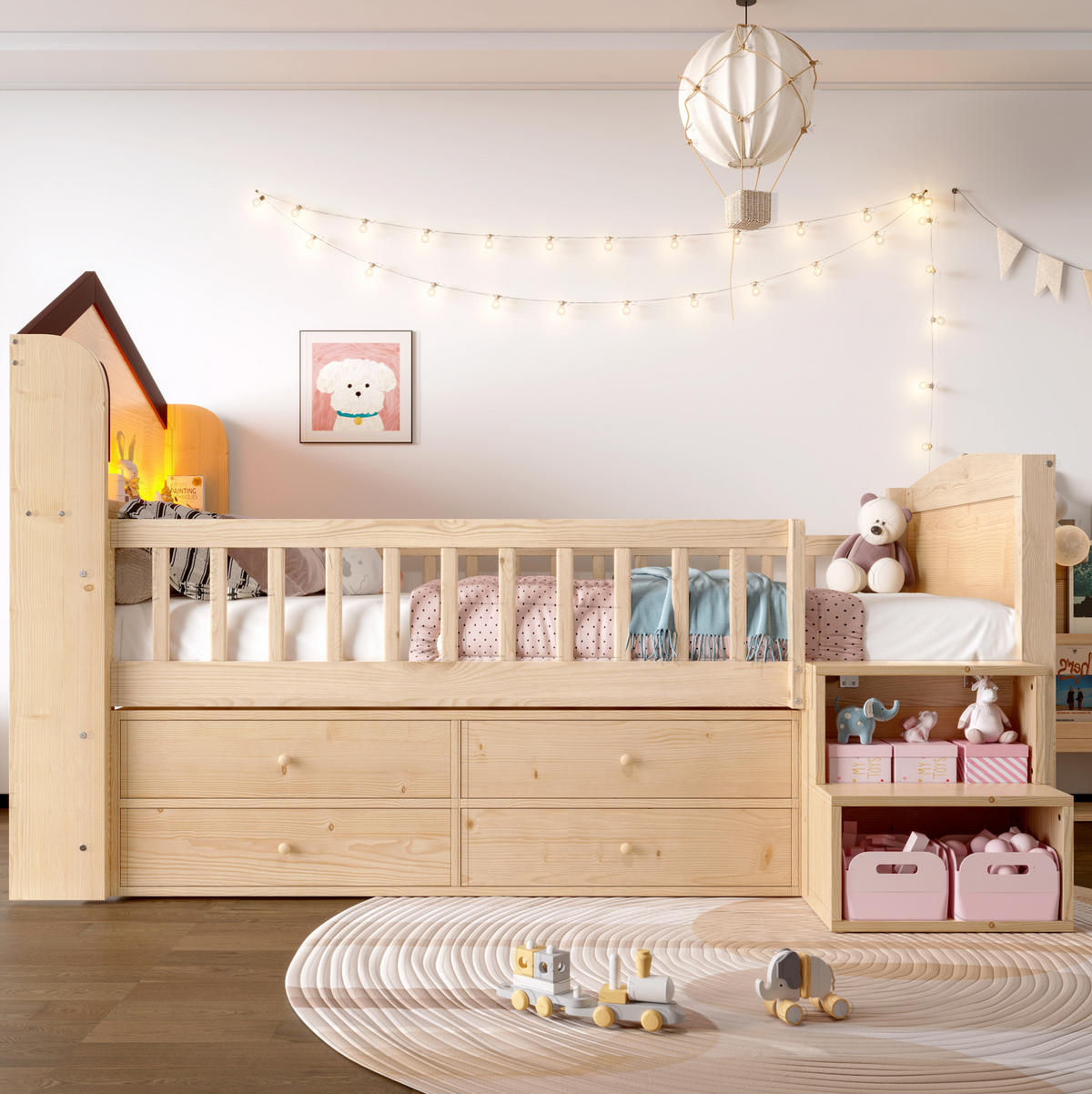 HALBHOHES Kinderbett aus Kiefernholz 90x200 cm Natur mit 4 Schubladen, Stauraumleiter und LED-Beleuchtung - Naturfarben, Holz (90/200cm) - IVMEU