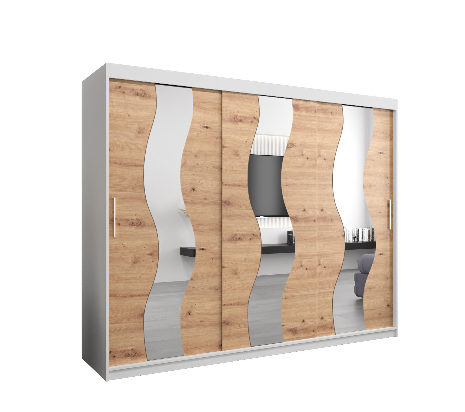 Abiks Möbel Schwebetürenschrank Weiß, Eiche Artisan 250x200x62 cm