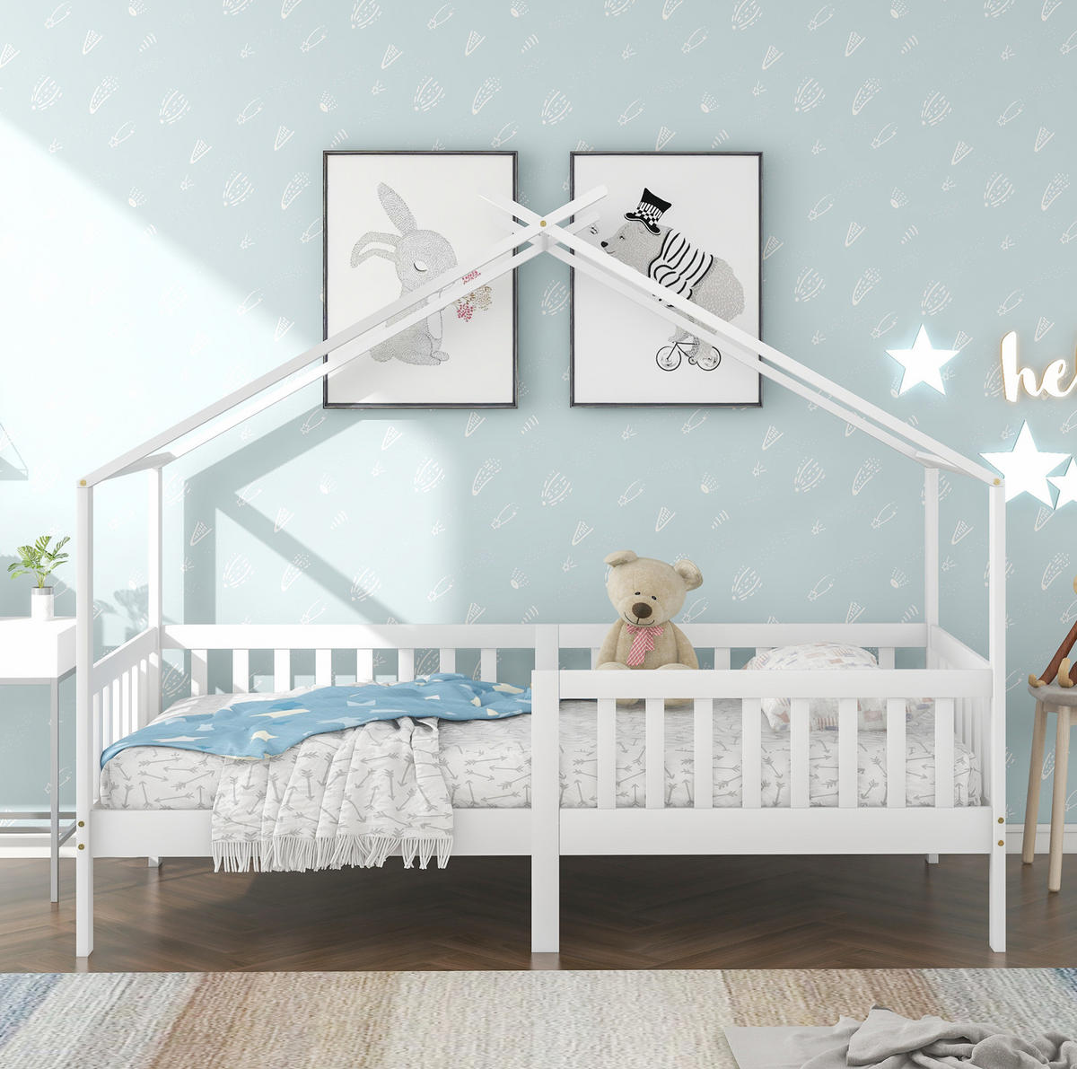 HAUSBETT aus massivem Kiefernholz 90x200 cm Weiß mit Rausfallschutz, Lattenrost und Hausbett-Design - Weiß, Holzwerkstoff (90/200cm) - Modfu