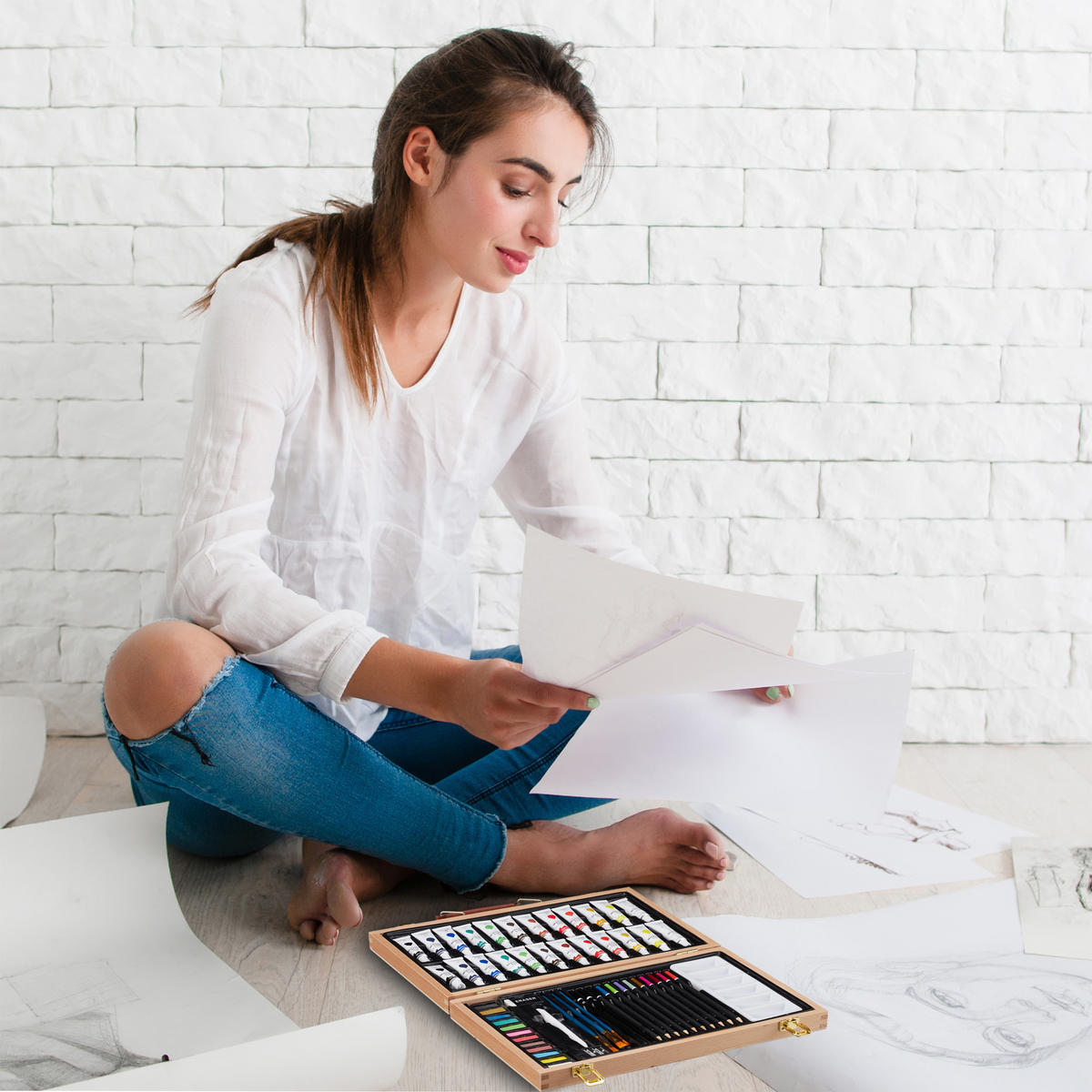 MALKOFFER - Hellbraun, Holz/Kunststoff (37/27/5cm) - Relaxdays