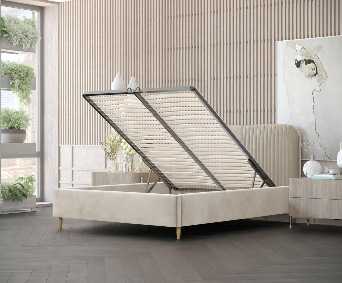 POLSTERBETT Livy Hellbeige 120/200 cm im Samtstoff - Beige/Naturfarben, Holz/Holzwerkstoff (120/200cm) - Maison de Reve