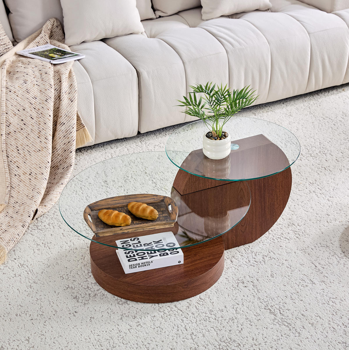 COUCHTISCH aus MDF 90x90x44 cm und Sicherheitsglas Transparent/Walnuss mit mehrstufigen Ablageflächen - Walnussfarben, Glas (90/90/44cm) - IVMEU