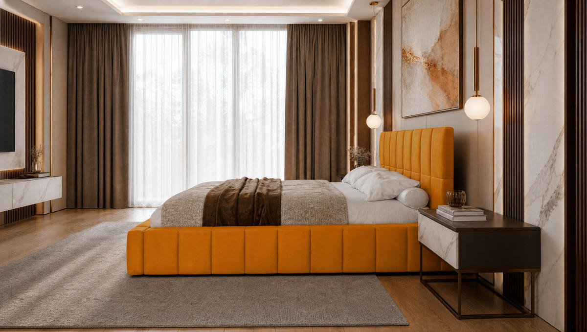 POLSTERBETT 140x200 cm, Alma, Doppelbett mit Bettkasten, Lattenrost aus Holz, Velourstoff, Gelb - Gelb, Holz/Textil (140/200cm) - Marpur