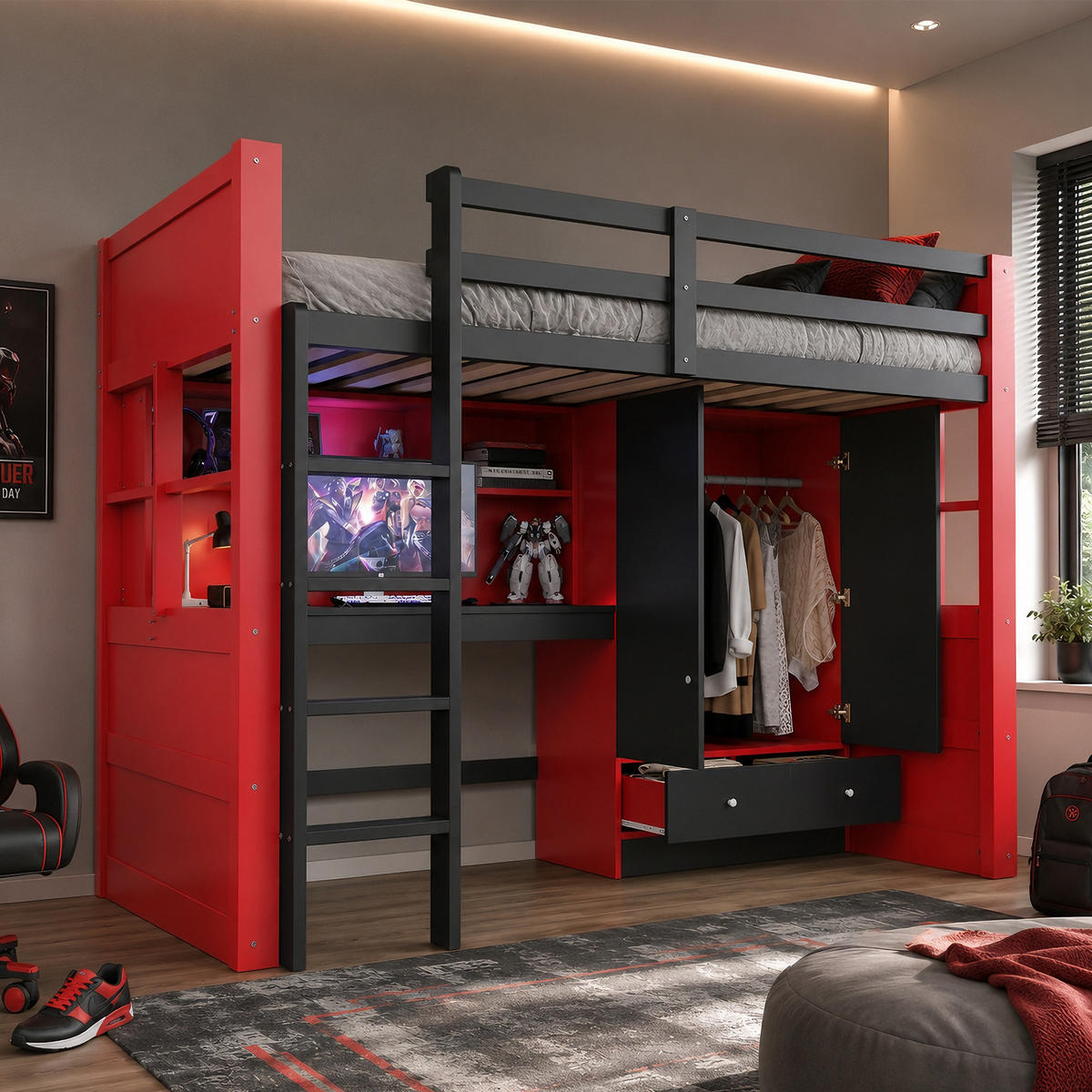 HOCHBETT 90x200cm Gaming Schreibtisch Schrank Stauraum Rot - Multicolor, Holz (90/200cm) - FLIEKS