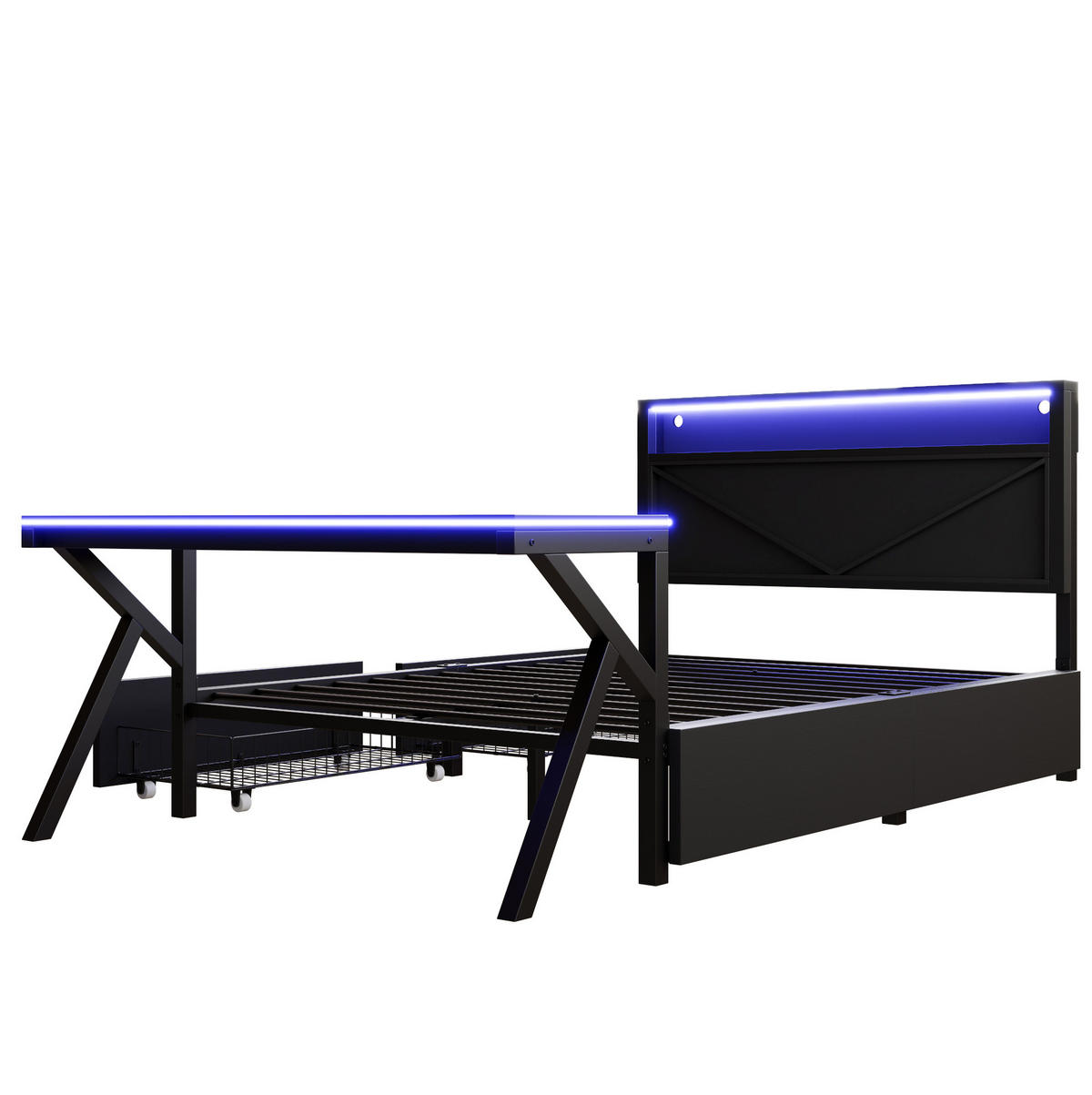 METALLBETT 140/200 cm mit LED-Kopfteil, LED-Schreibtisch und 2 Schubladen, MDF/Metall, Schwarz - Schwarz, Holzwerkstoff (140/200cm) - Redom