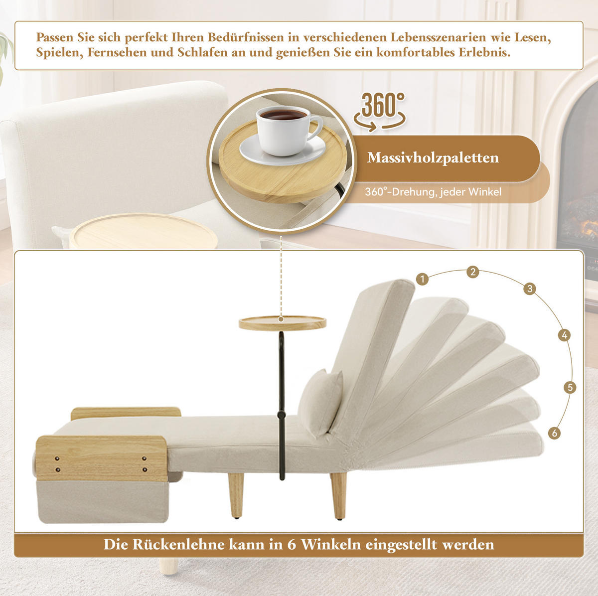 KLAPPSESSEL aus Leinen 88x74,5x66 cm Beige mit Schlaffunktion, 6-fach verstellbarer Rückenlehne und drehbarem Holztablett - Beige, Textil (74.5/88/66cm) - Modfu