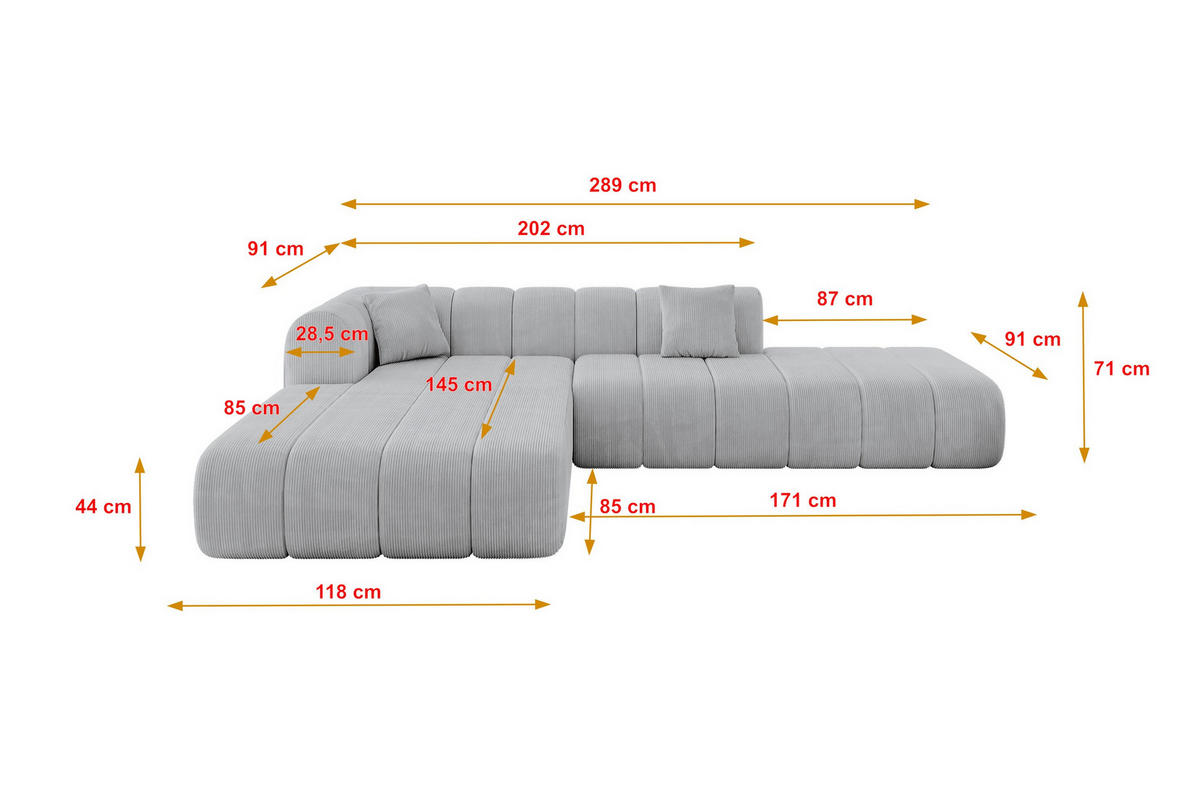 ECKSOFA Ottomane Links BILA-L 289x176x71 Grau Cord - Schwarz/Alufarben, Holzwerkstoff/Kunststoff (176/289cm) - ALTDECOR