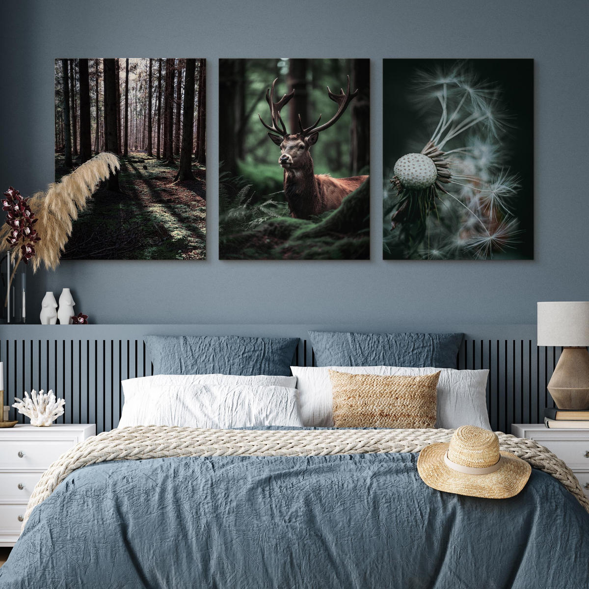 LEINWANDBILDER 3-er Set Wald Hirsch 3D - Schwarz/Weiß, Textil (90/40cm) - Muralo