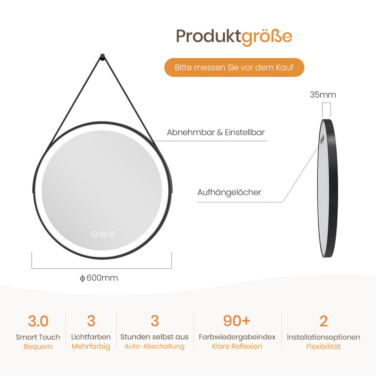 KOUPELNOVÉ ZRCADLO s dotykovým vypínačem, osvětlením a závěsným popruhem, černé, Ø 60 cm - černá, sklo (60/60/3.5cm) - EMKE