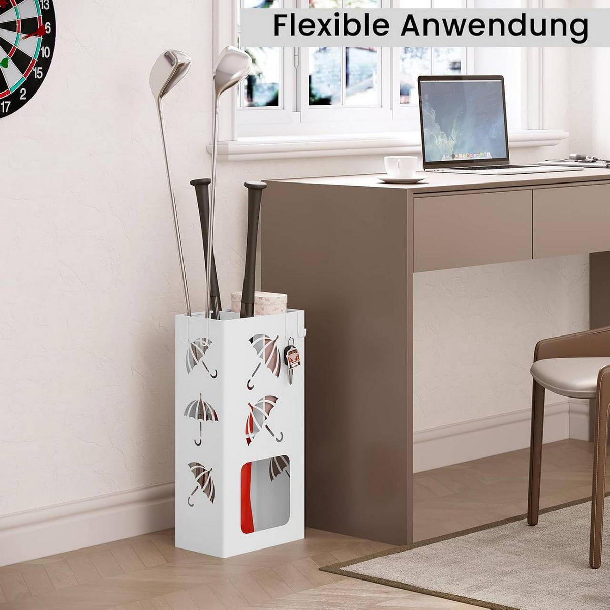 SCHIRMSTÄNDER 2 Slots, 4 Haken, Metall , Weiß - Weiß, Metall (25/49/15cm) - Woltu
