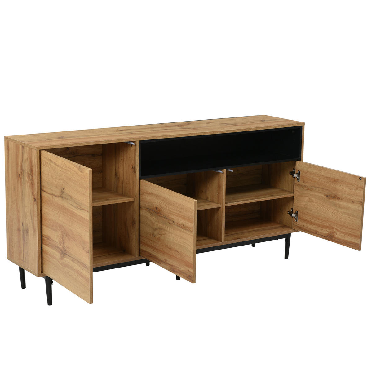 SIDEBOARD aus MDF mit 3 Türen und verstellbaren Einlegeböden, 160/35/76 cm, Schwarz und Natur - Naturfarben, Holzwerkstoff (160/76/35cm) - Redom