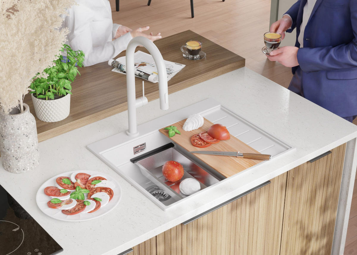 SPÜLBECKEN Sydney, 2-er set Weiß 62/50 cm 1 Becken + Ablauf-Set + Küchenzubehörset ab 40er Unterschrank - Chromfarben/Beige, Kunststoff (62/20/50cm) - Primagran