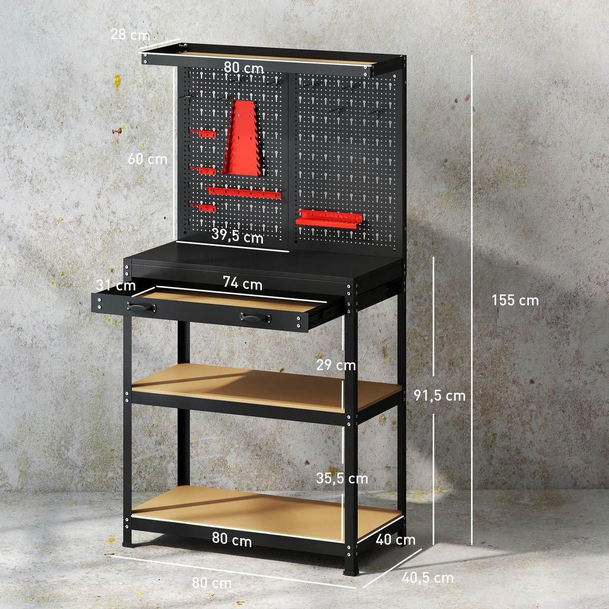 WERKBANK MDF Metall Schwarz - Schwarz, Metall (80/40.5/155cm) - HOMCOM
