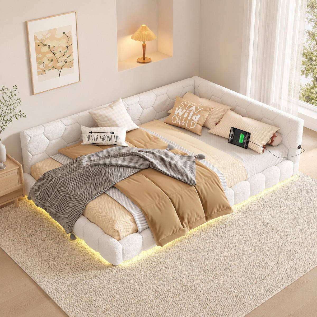 POLSTERBETT 140/200 mit 16-farbiger LED-Beleuchtung, USB und Type-C aus Vliesimitat in Weiß - Weiß, Holzwerkstoff/Textil (140/200cm) - EVRYAE