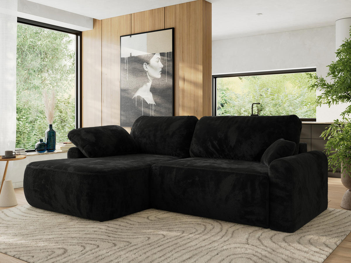 ECKSCHLAFSOFA CUBO L Schwarz Plüsch - links - Schwarz, Kunststoff/Textil (273/187cm) - MKS
