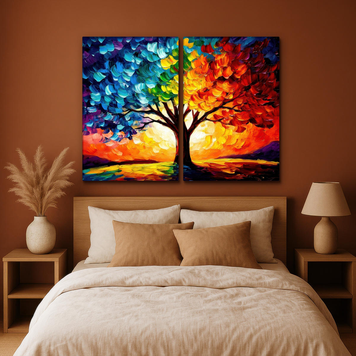 LEINWANDBILD 2er Set Baum - Farbenfroh - Malerei-Look - Abstrakt 160x120 cm - Multicolor, Textil (160/120cm) - MuchoWow
