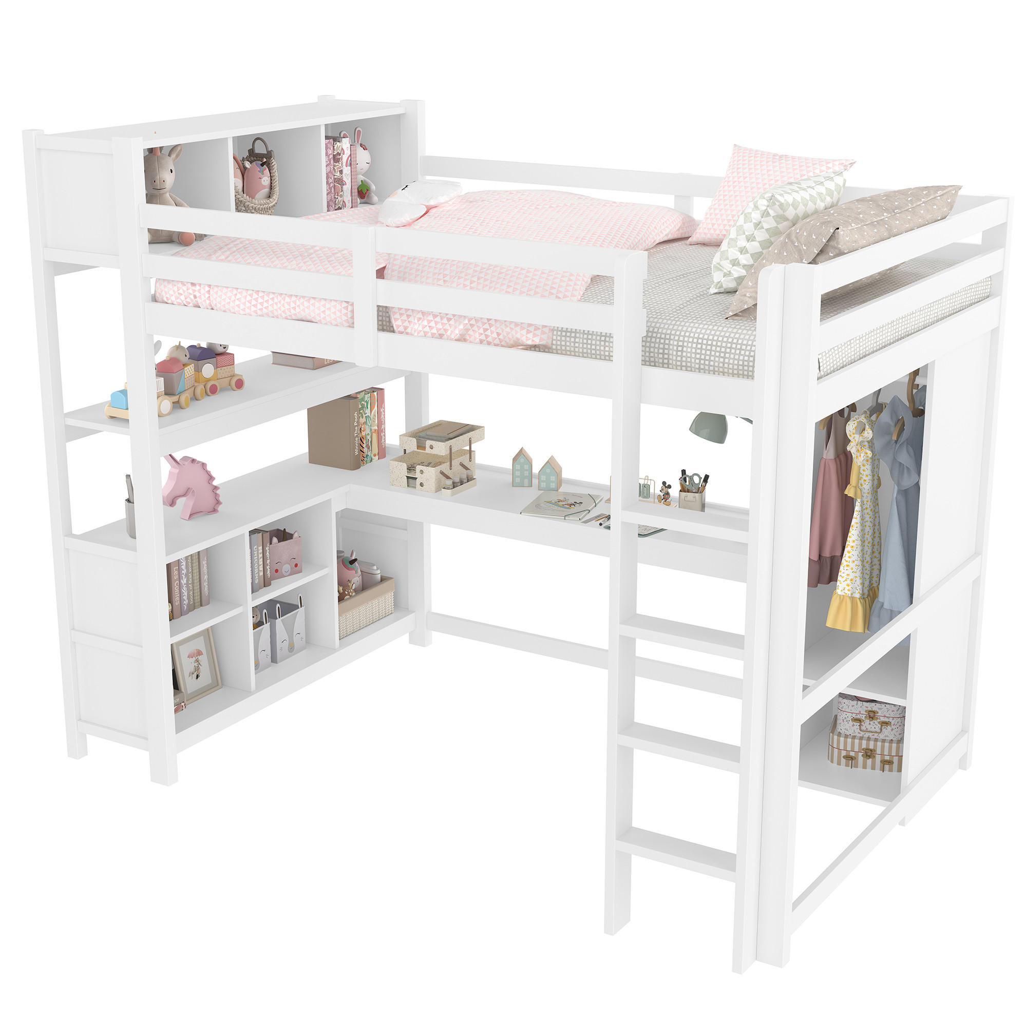 HOCHBETT 140/200 cm in Weiß mit Schreibtisch und Kleiderschrank - Weiß, Holz (140/200cm) - Flora Grace