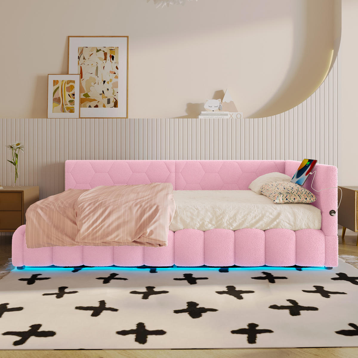 POLSTERBETT mit LED-Beleuchtung 90/200 cm in Rosa mit Bettkasten & USB-C - Rosa, Textil (90/200cm) - BEAOK