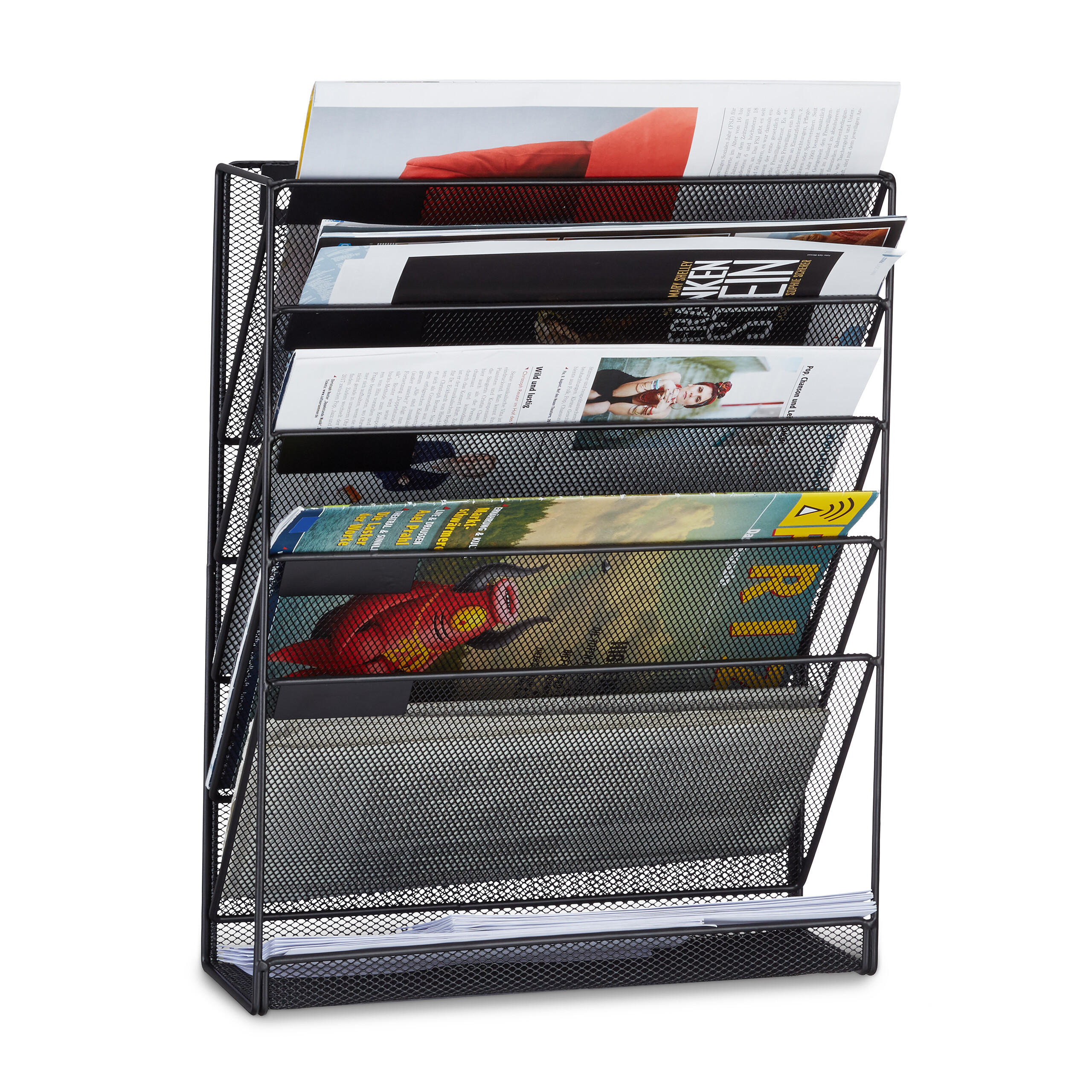 SUPORT-REVISTE Negru de perete metal plasa A4 6 compartimente
