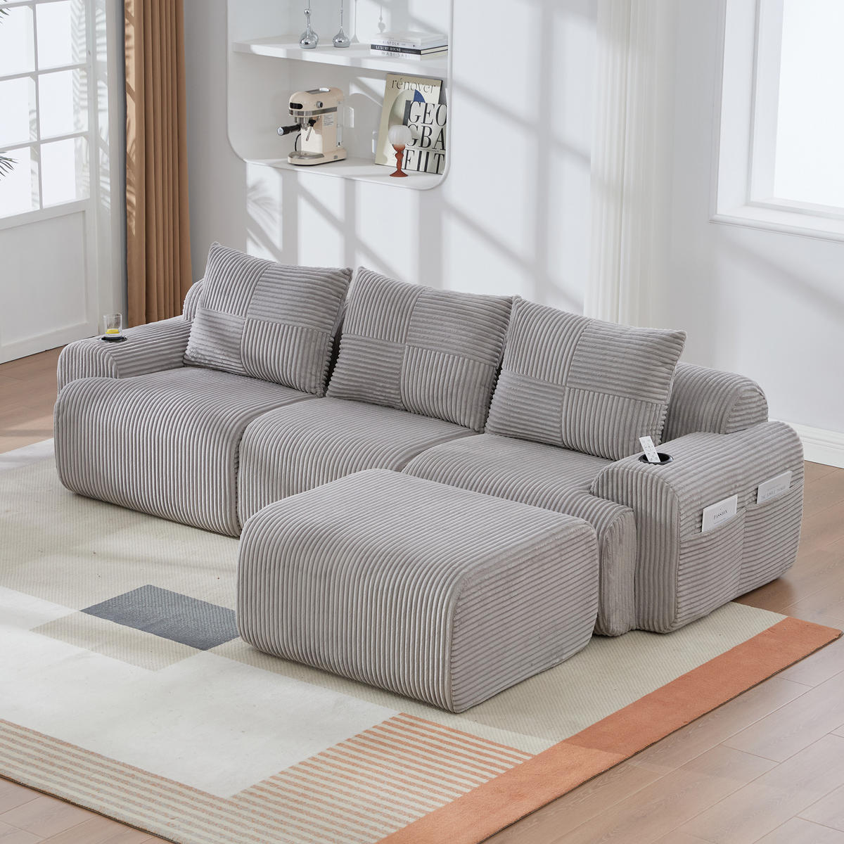 ECKSOFA 3-Sitzer Cordstoff Hellgrau mit Hocker 268/174/80 cm - Hellgrau, Textil (174/268cm) - Korfee