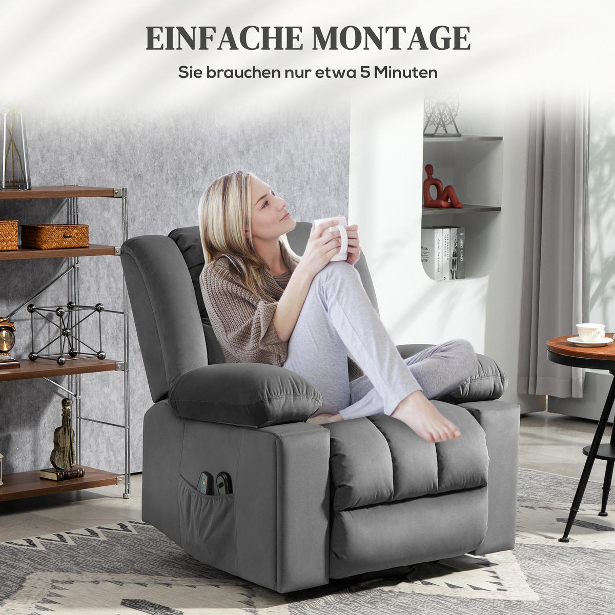 FERNSEHSESSEL mit Aufstehhilfe Relaxsessel mit Massage-/ Wärme-/Liegefunktion - Dunkelgrau, Textil (93/104/101cm) - HOMCOM