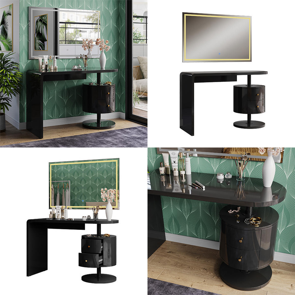SCHMINKTISCH Lara Schwarz Hochglanz 120 cm mit LED-Spiegel - Schwarz Hochglanz, Holzwerkstoff (120/76/50cm) - Vicco