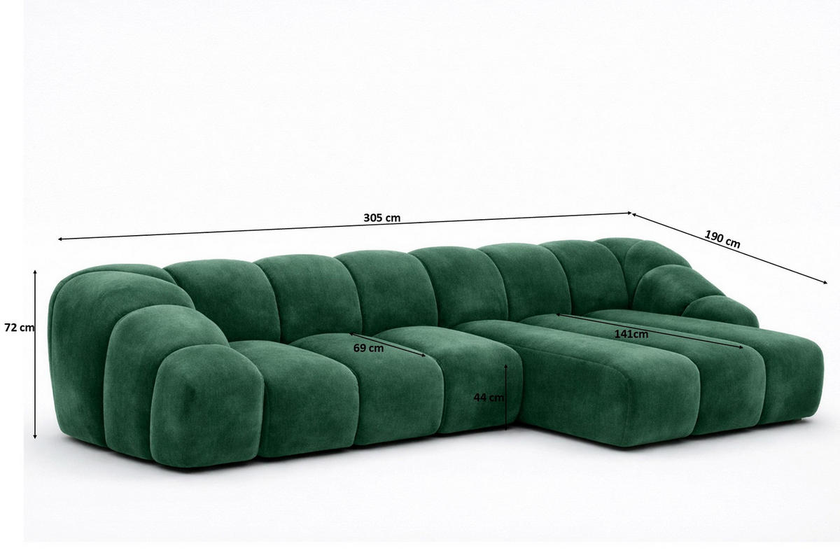 ECKSOFA Modulare L-Form, Veloursstoff Bluvel, Grün, Rechts, CROISSANT L - Grün, Holz (305/190cm) - Kaiser Möbel