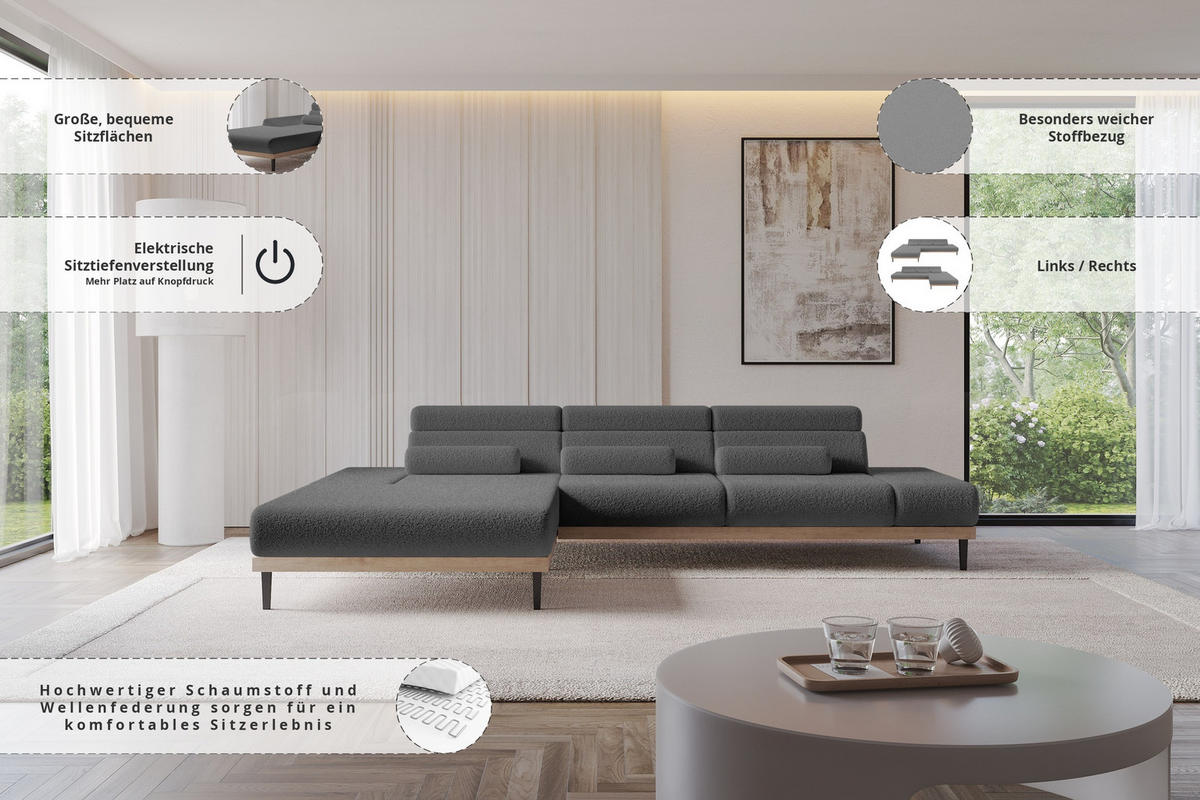 ELEKTRISCHES ECKSOFA Links MONA 316x205x85 Grau Bouclé - Silberfarben/Grau, Holzwerkstoff/Textil (316/205cm) - ALTDECOR