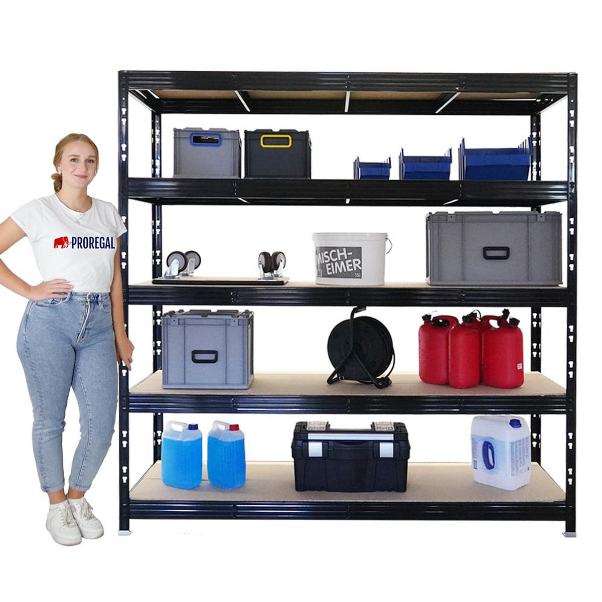 SCHWERLASTREGAL Rhino 2er-Set 200x200x60 cm 5 Spanplatten-Ebenen 8mm Fachlast 500 kg Schwarz - Schwarz, Metall (400/200/60cm) - PROREGAL