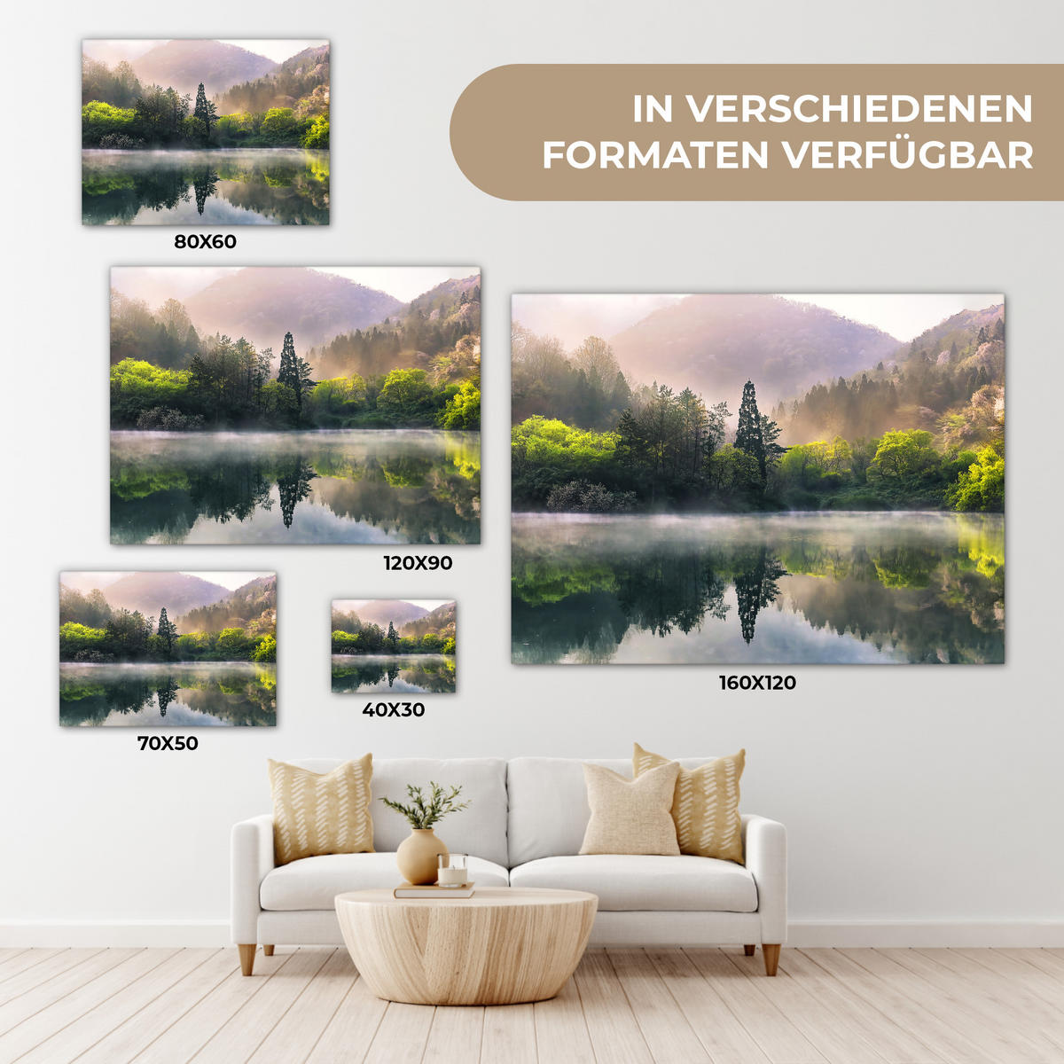 LEINWANDBILD Natur - Bäume - Berge - See - Wasser 40x30 cm - Hellgrün, Textil (40/30cm) - MuchoWow