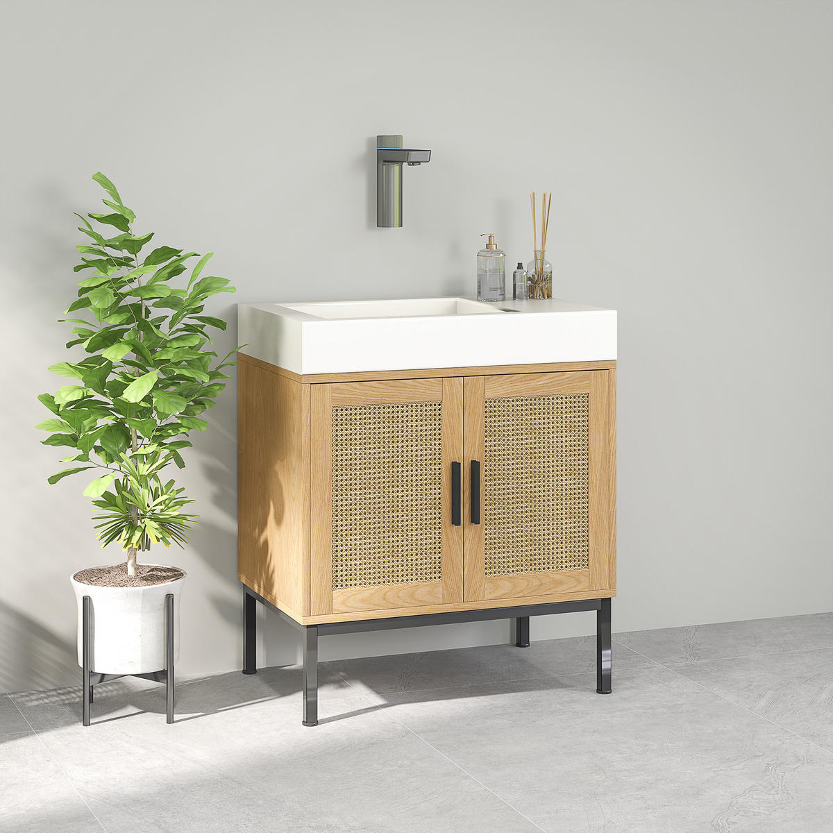 WASCHBECKENUNTERSCHRANK 60x39x60 cm Eiche mit Rattan-Türen & schwarzen Metallbeinen - Eichefarben, Holzwerkstoff (60/60/39cm) - Modfu