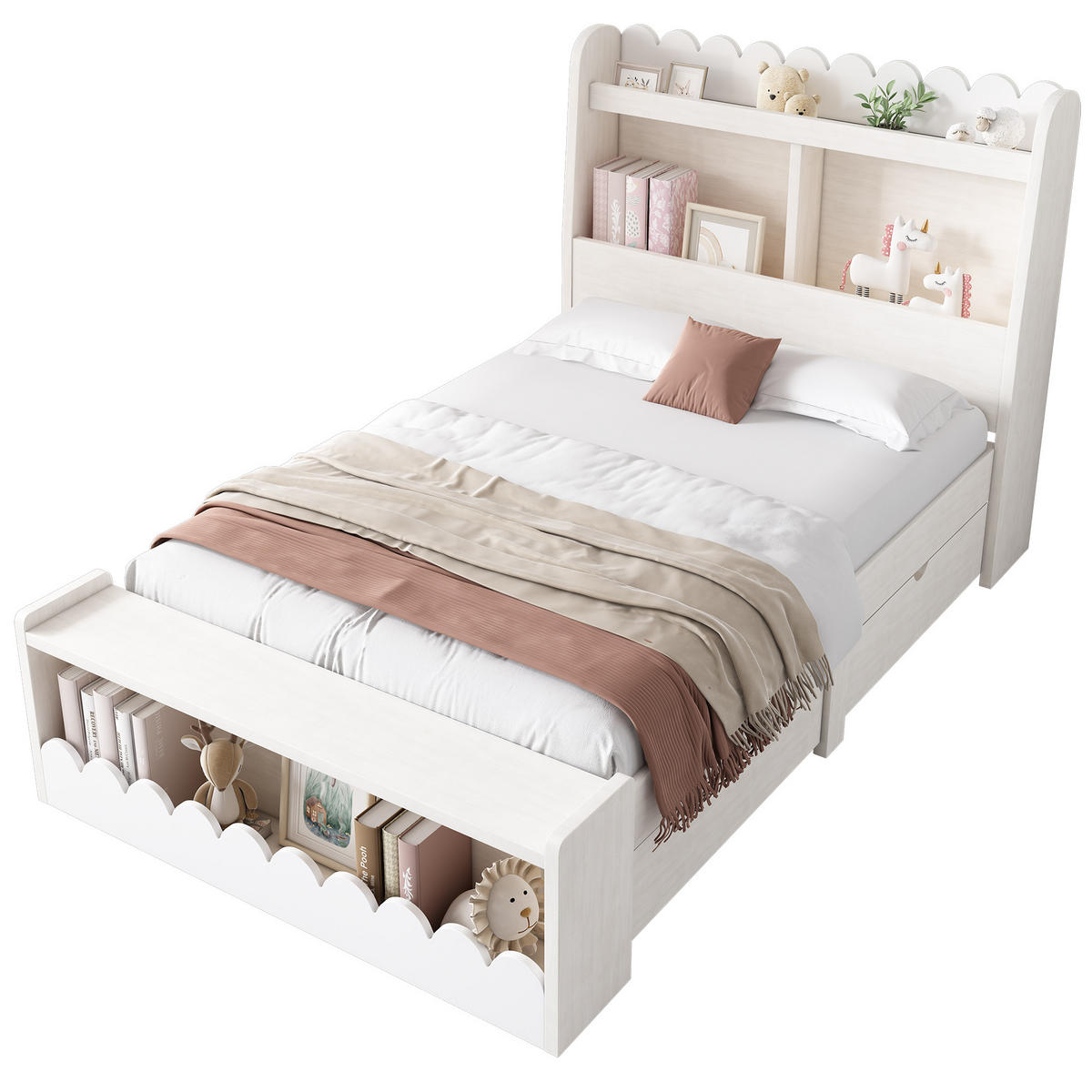 EINZELBETT 90/190 cm Weiß Eichefarben mit Stauraum und Regal - Weiß, Holzwerkstoff (90/190cm) - OKWISH
