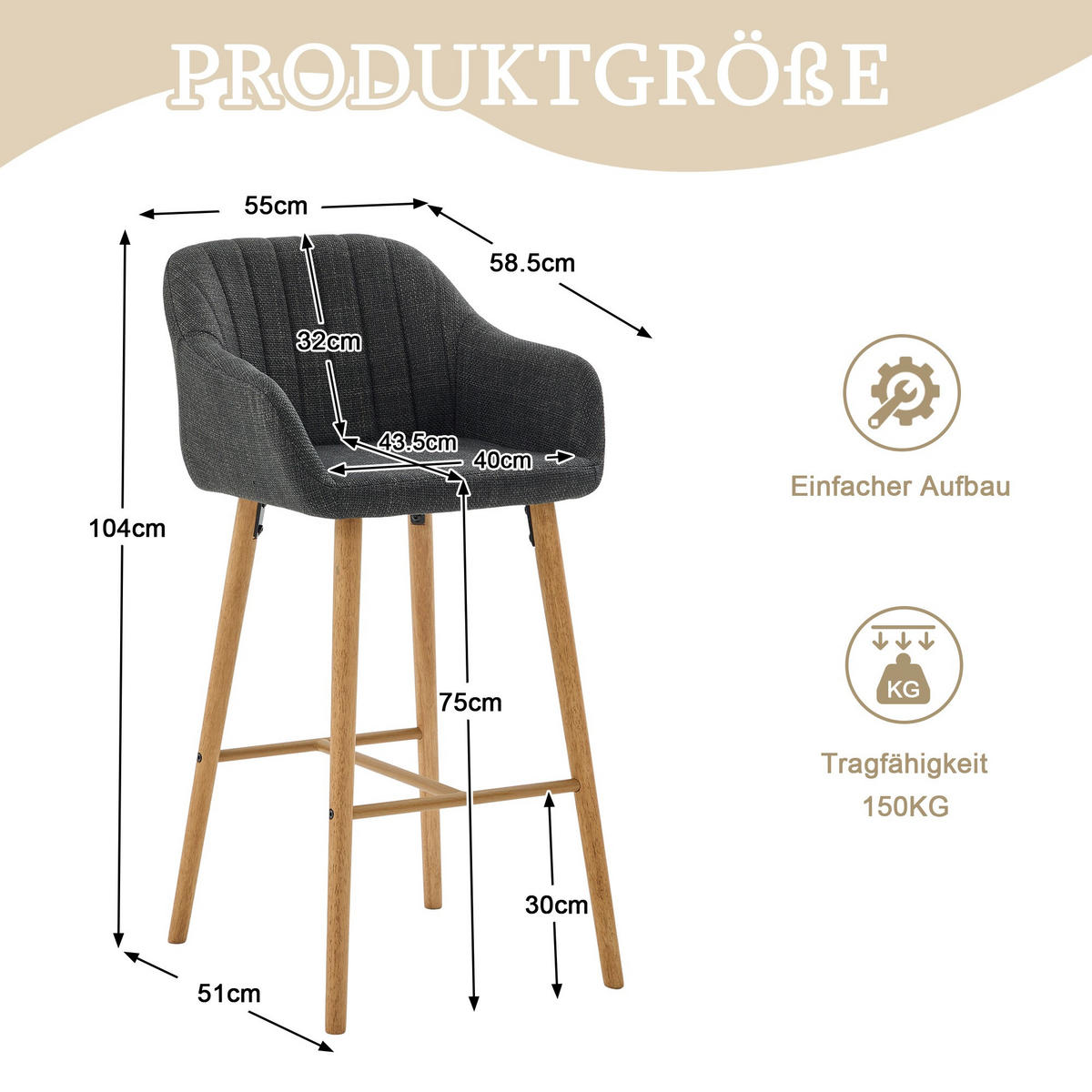 BARHOCKER,2ER-SET,BARSTÜHLE,KÜCHENSTÜHLE,LEINEN,SCHWARZ - Schwarz, Textil (55/104/51cm) - LVHOM