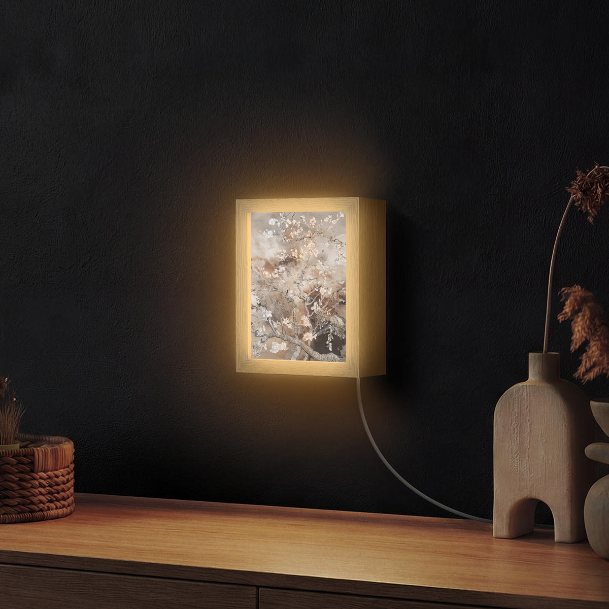 NÁSTĚNNÁ LAMPA Mandlový květ - Umění - Van Gogh - Béžová - Abstraktní 15x20 cm - šedohnědá, kompozitní dřevo (15/20/8cm) - OnlyWow