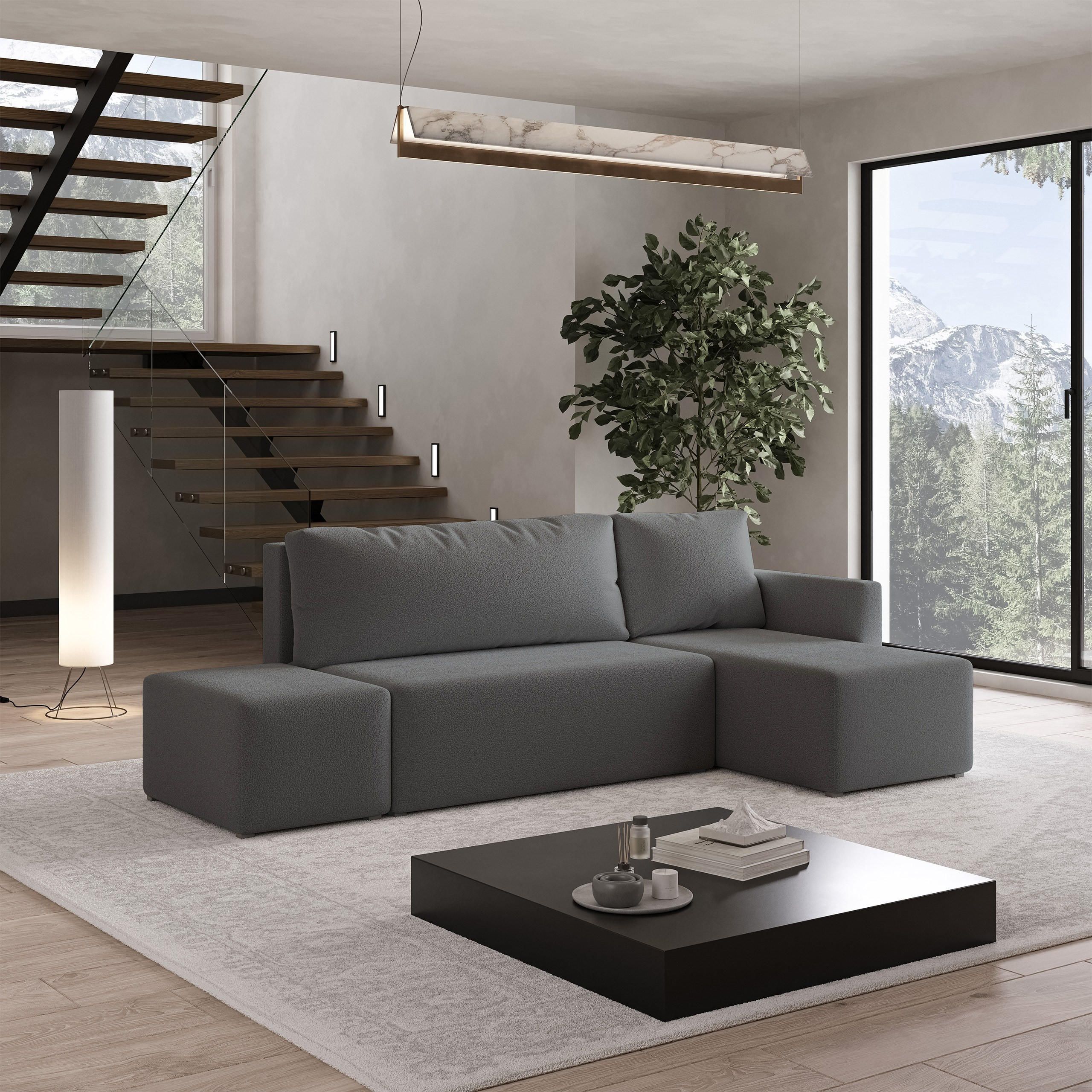 ECKSOFA VELOTTI R-S Grau Boucle-Stoff mit Schlaffunktion - Grau, Holz (261/143cm) - MASSENO