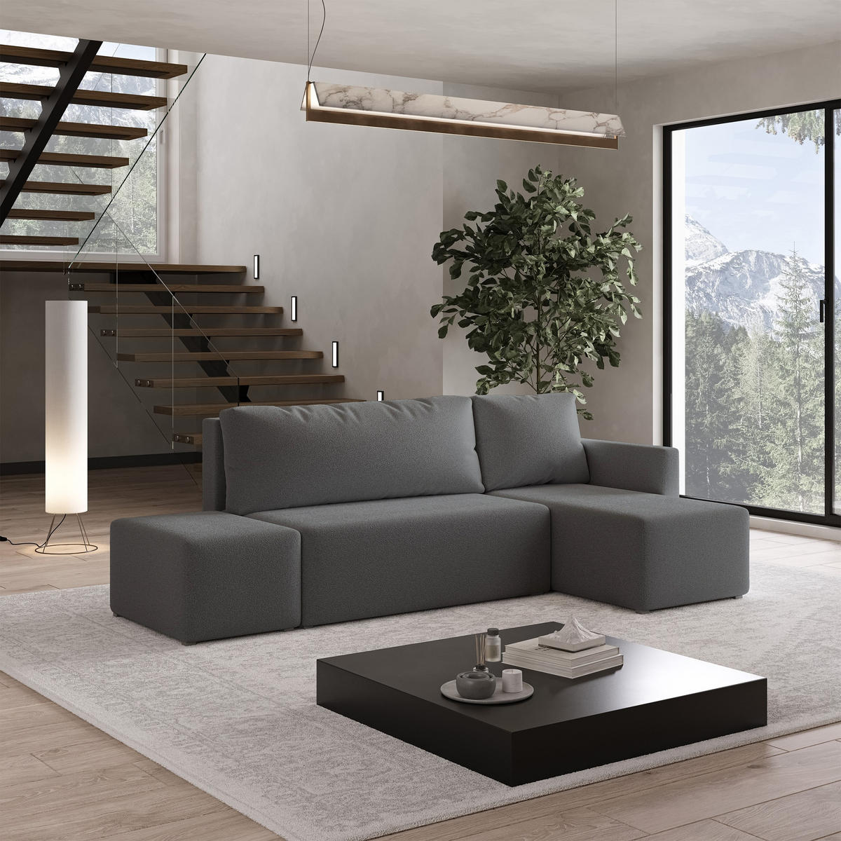 ECKSOFA VELOTTI R-S Grau Boucle-Stoff mit Schlaffunktion - Grau, Holz (261/143cm) - MASSENO