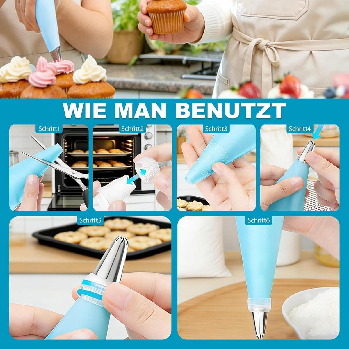 SPRITZBEUTEL Set 33-teilig mit Edelstahltüllen - Blau, Kunststoff (17/1/30cm)