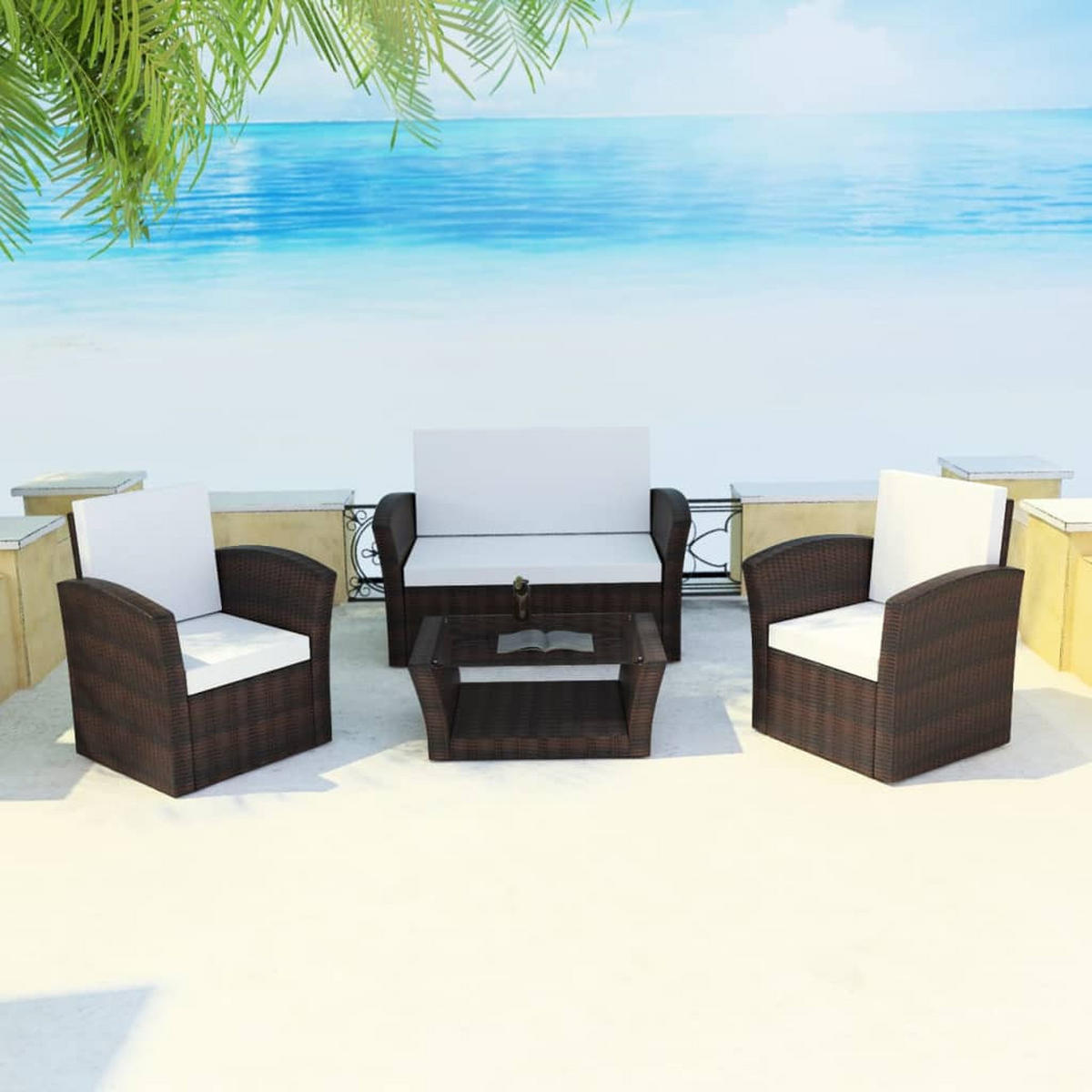GARTEN-LOUNGE-SET 4-teilig Mit Kissen Poly Rattan Braun - Creme/Braun, Kunststoff/Textil - vidaXL